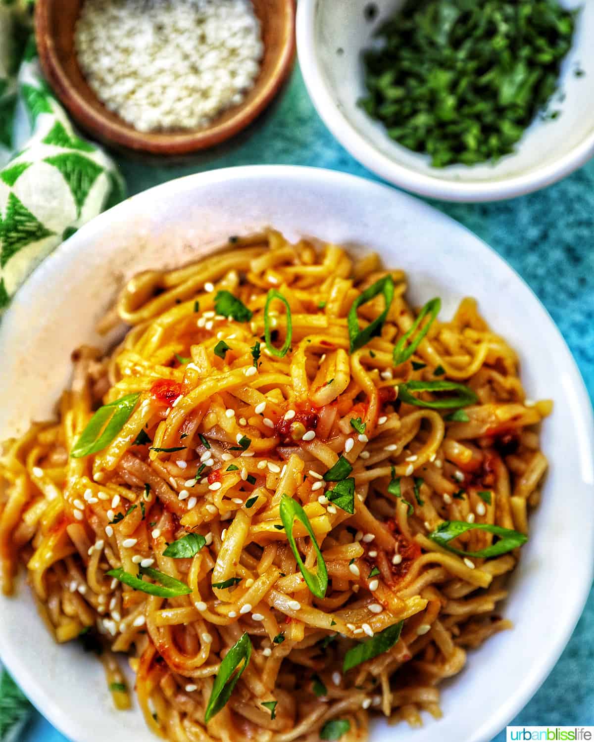Chili Garlic Noodles with green onions and sesame seeds in a white bowl.