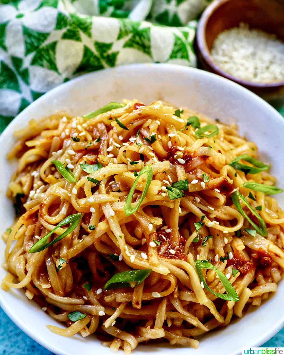 Chili Garlic Noodles with green onions and sesame seeds in a white bowl.