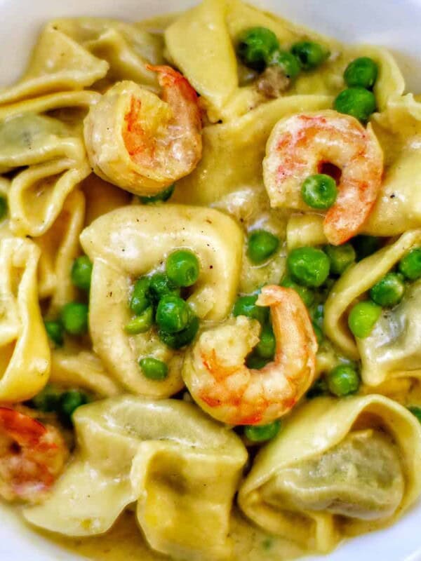 Dairy-Free Shrimp Tortellini with Peas in a bowl