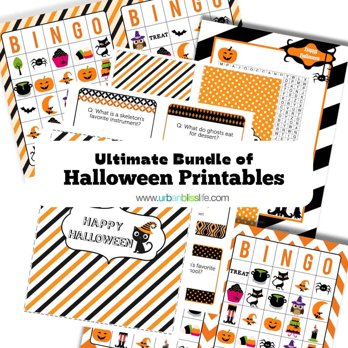 ultimate bundle of Halloween printables preview with title text.