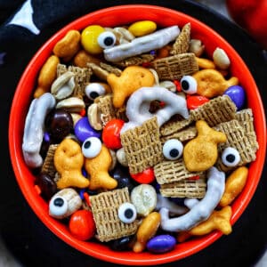 orange bowl with Halloween Snack Mix.