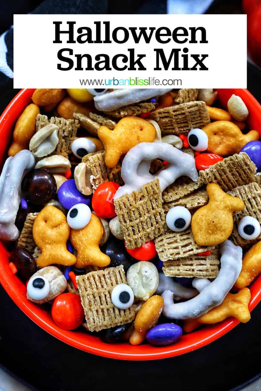 orange bowl with Halloween Snack Mix with title text.