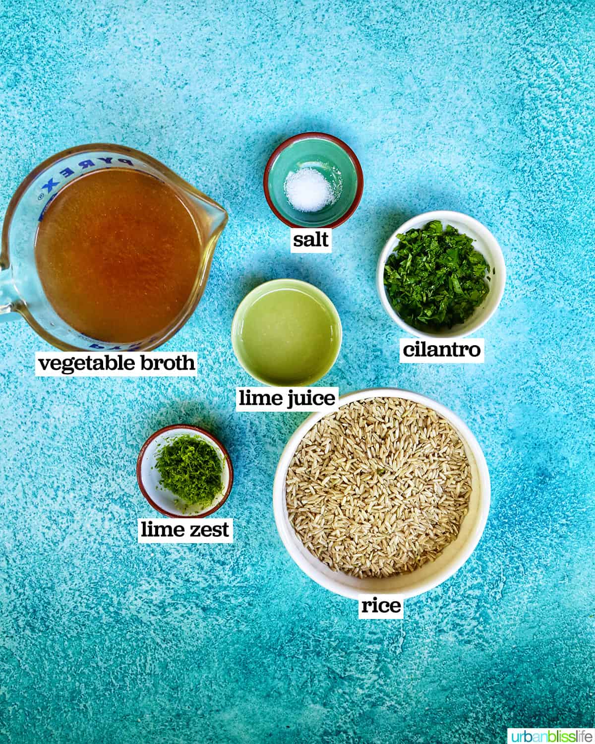 bowls of ingredients to make chipotle brown rice recipe (cilantro lime rice instant pot).