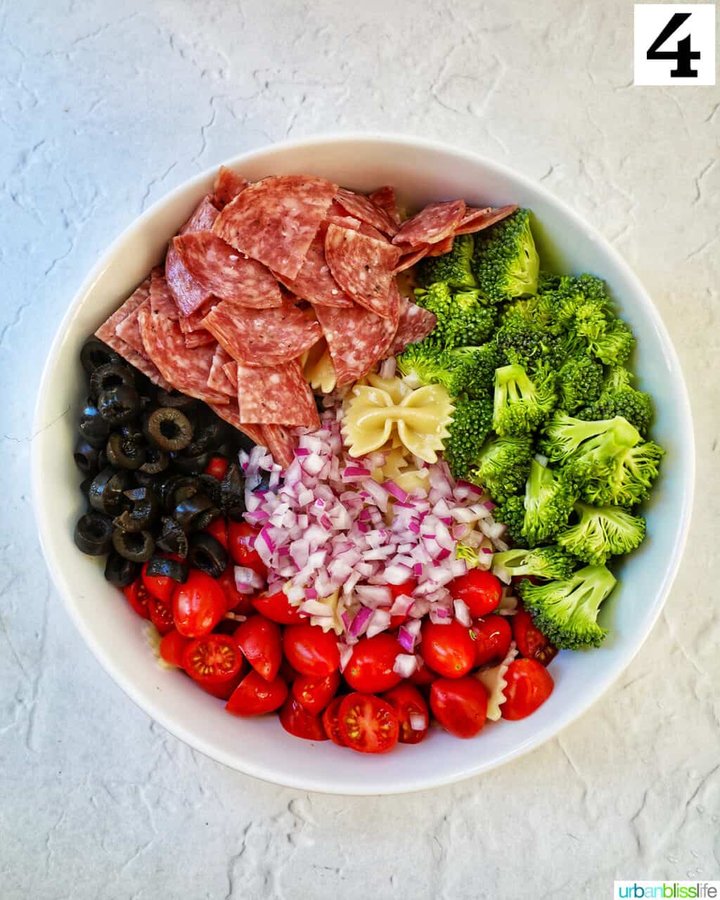 Ingredients to make italian bowtie pasta salad: tomatoes, red onions, broccoli, pasta, salami, and black olives.