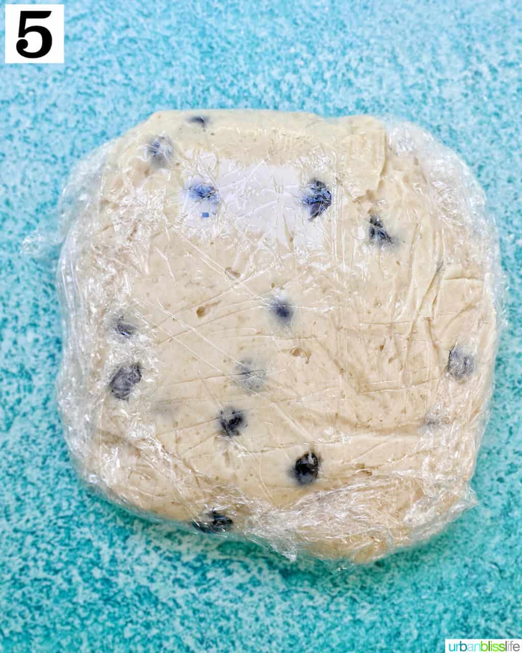 lemon blueberry cookie dough disc wrapped in plastic wrap.