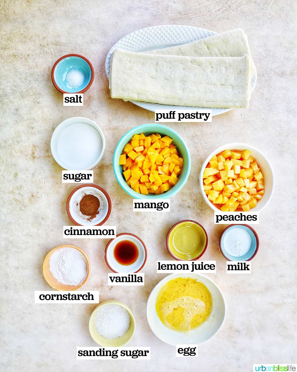 bowls of ingredients to make peach mango pie jollibee copycat recipe.