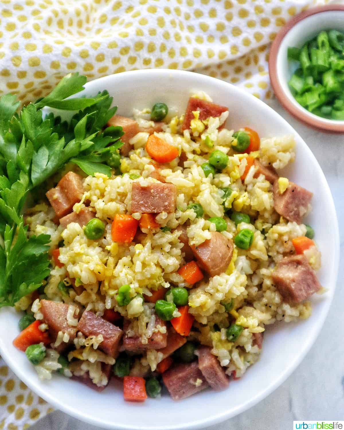 spam fried rice with peas, carrots, and parsley garnish in a white bowl.