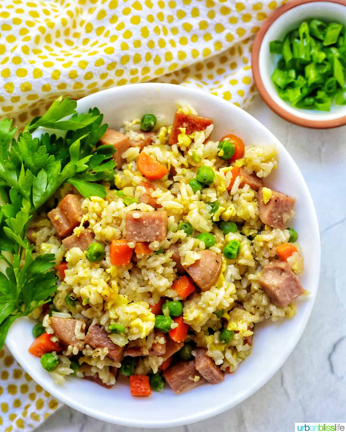 spam fried rice with peas, carrots, and parsley garnish in a white bowl.