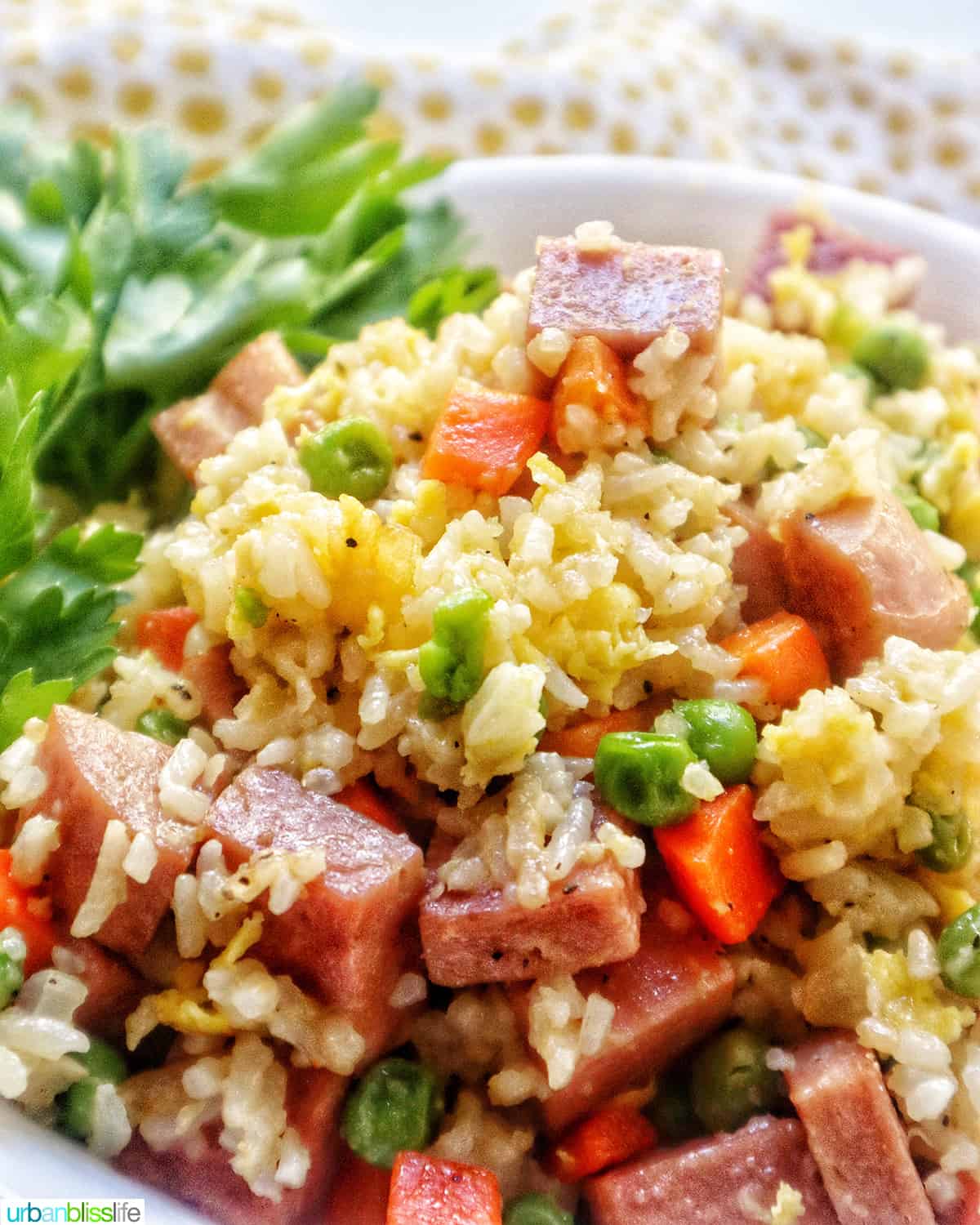 spam fried rice with peas, carrots, and parsley garnish in a white bowl.