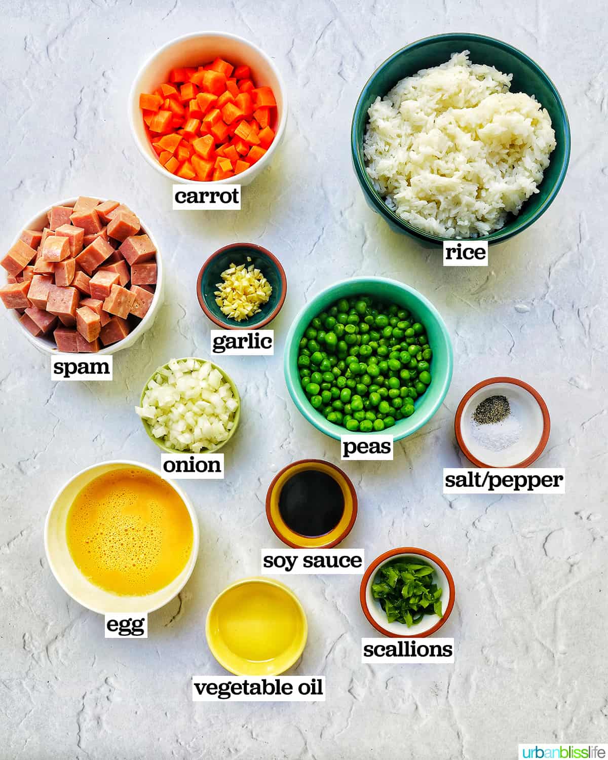 bowls of ingredients to make spam fried rice.