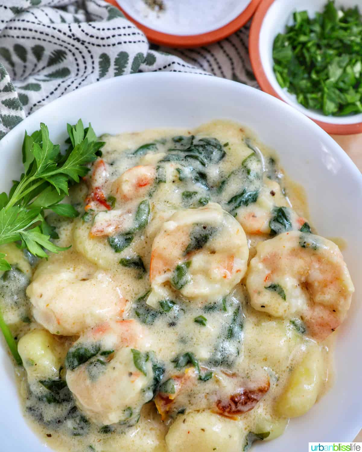 Tuscan Shrimp Gnocchi in a white bowl with garnish of parsley leaves.