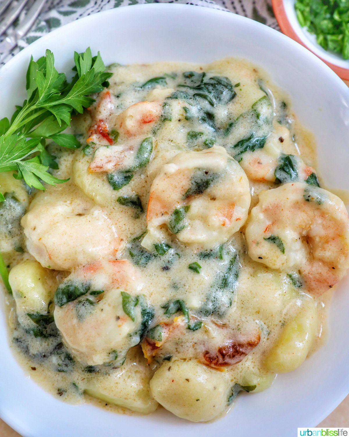 Tuscan Shrimp Gnocchi in a white bowl with garnish of parsley leaves.