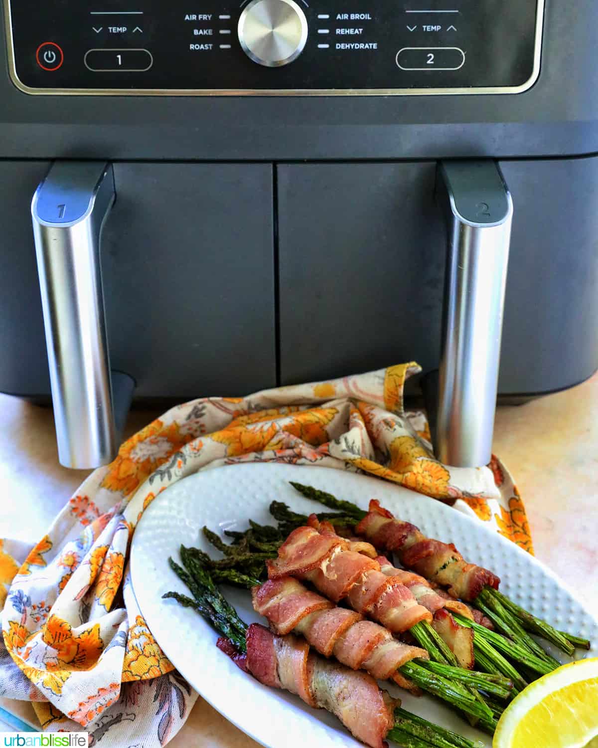 bacon wrapped asparagus on a white plate in front of an air fryer.