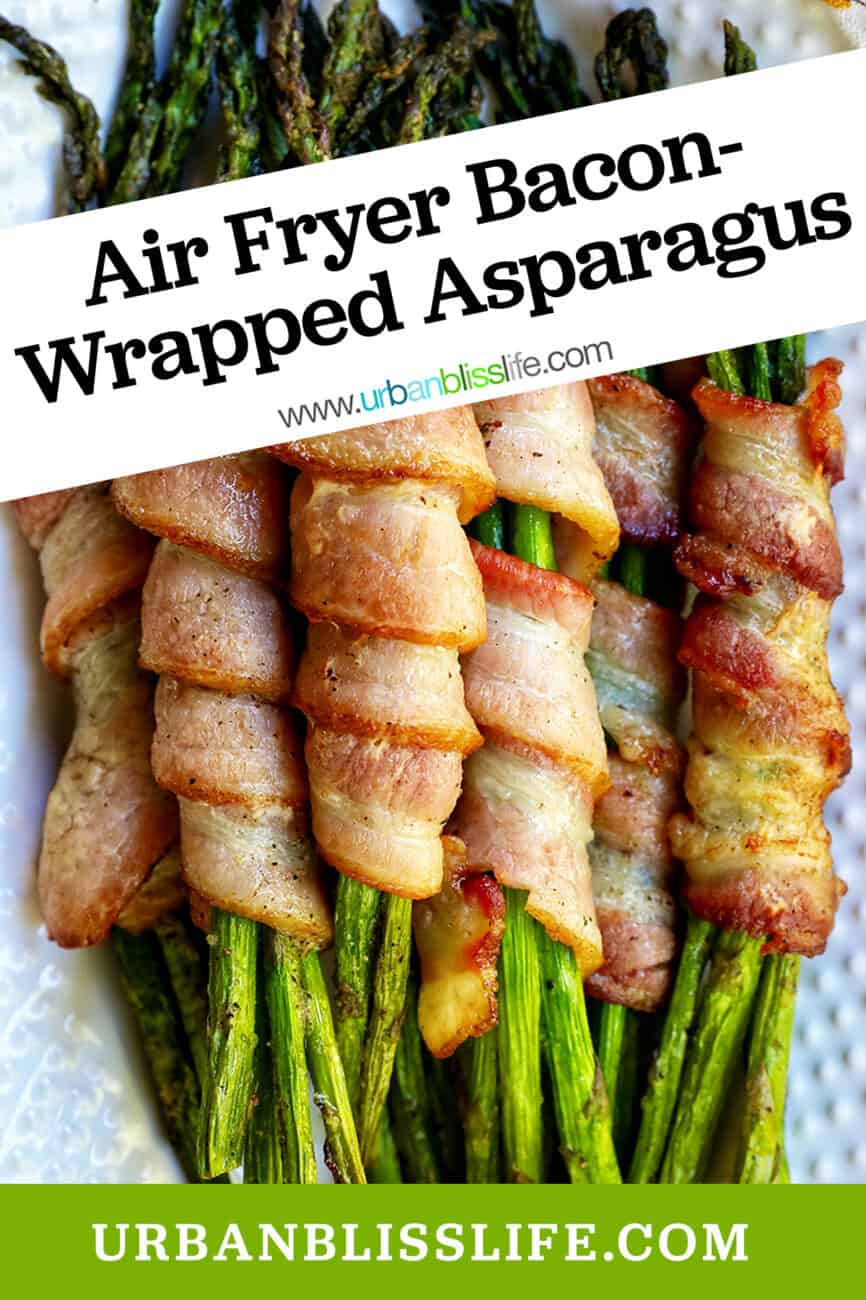 bacon wrapped asparagus on a white plate with title text.