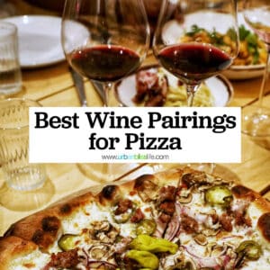 two glasses of red wine with a mushroom pizza and title text that reads "best wine pairings for pizza."