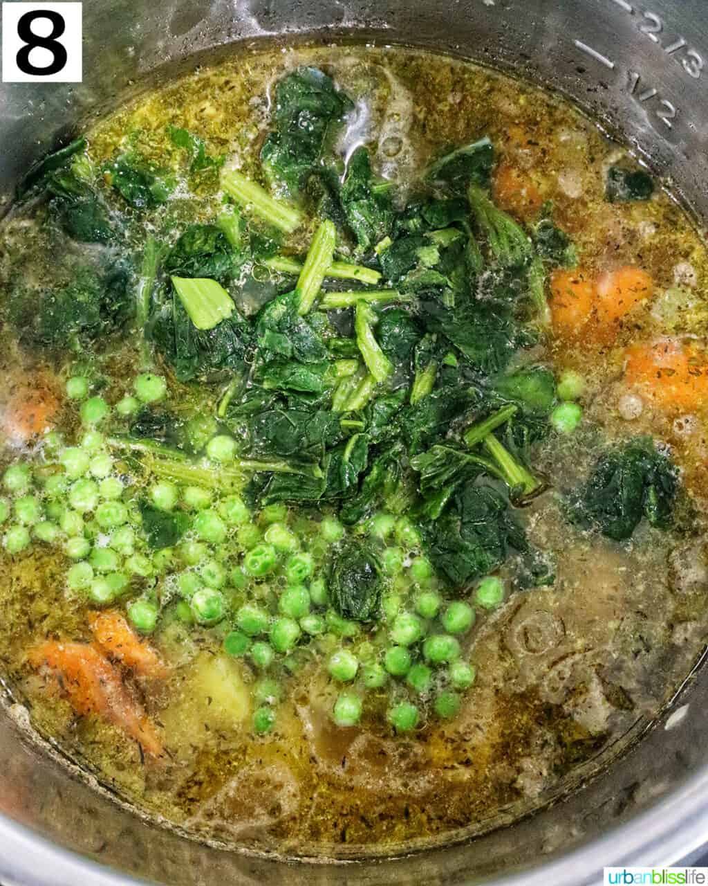 adding peas and spinach to instant pot chicken stew.