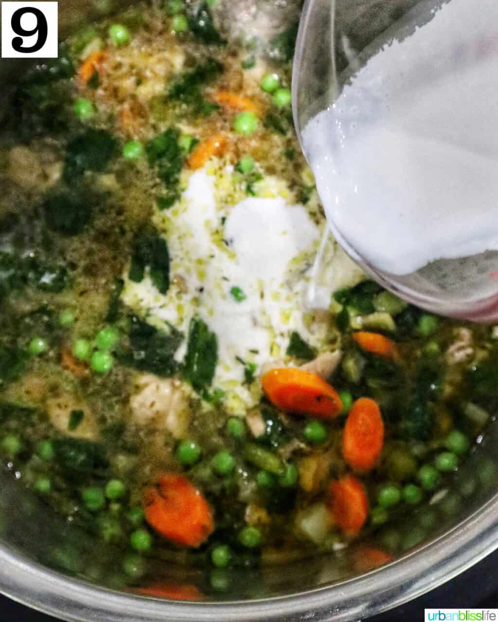 pouring in cornstarch slurry to chicken stew in an instant pot.