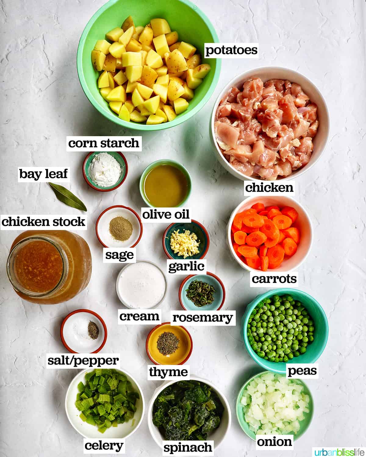 bowls of ingredients to make instant pot chicken stew.
