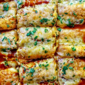 cheesy turkey enchiladas casserole sliced into squares with fresh herbs as garnish.