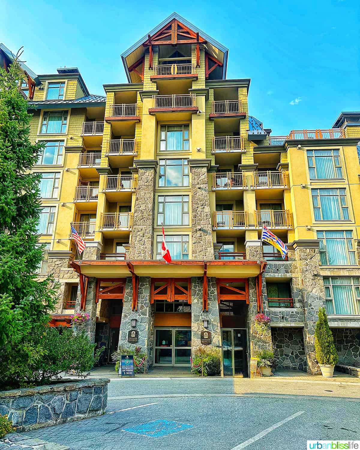 exterior of the pan pacific hotel in whistler village centre in whistler bc canada.