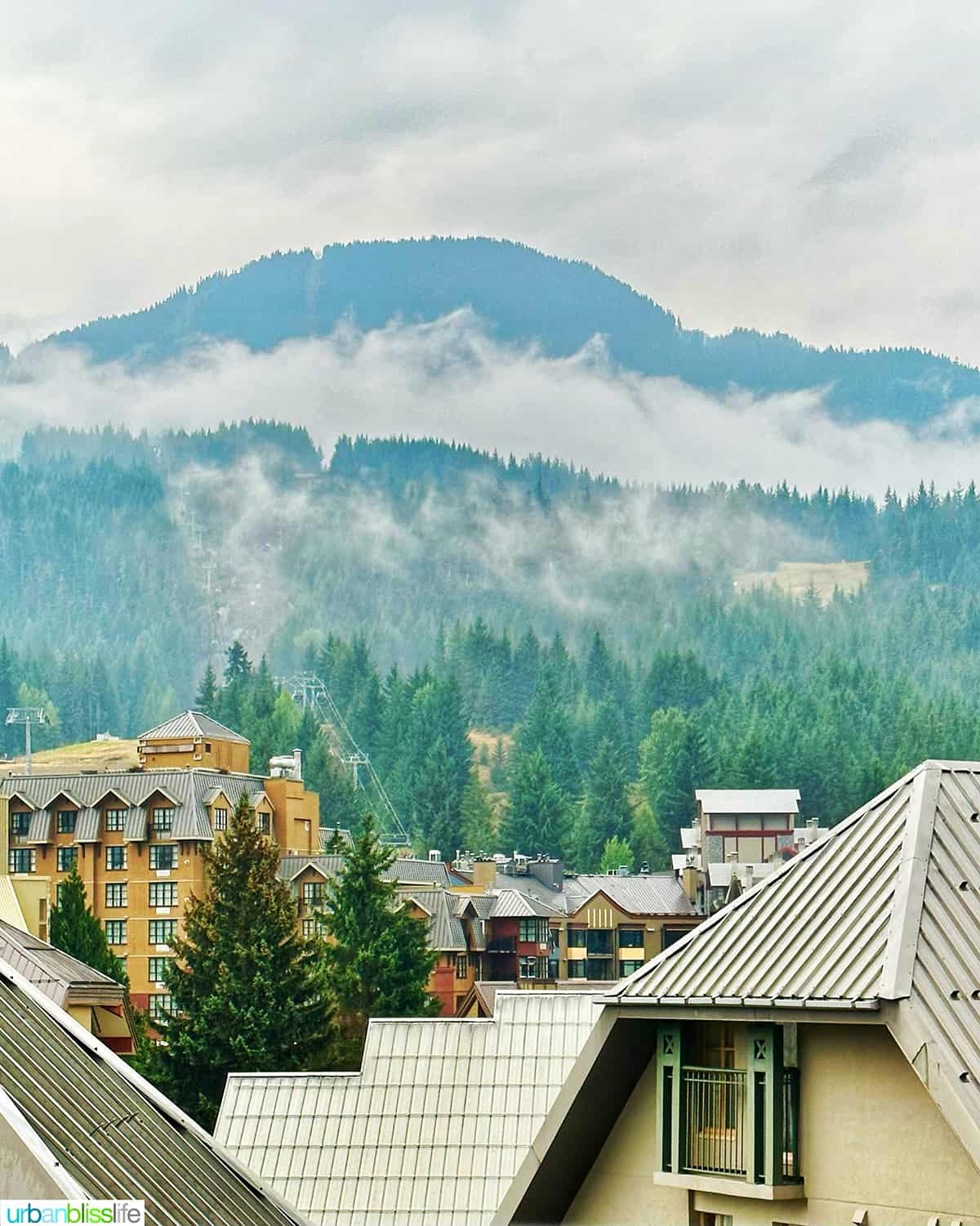 view of whistler blackcomb mountains from the balcony of a suite at the Pan Pacific Whistler Village hotel.