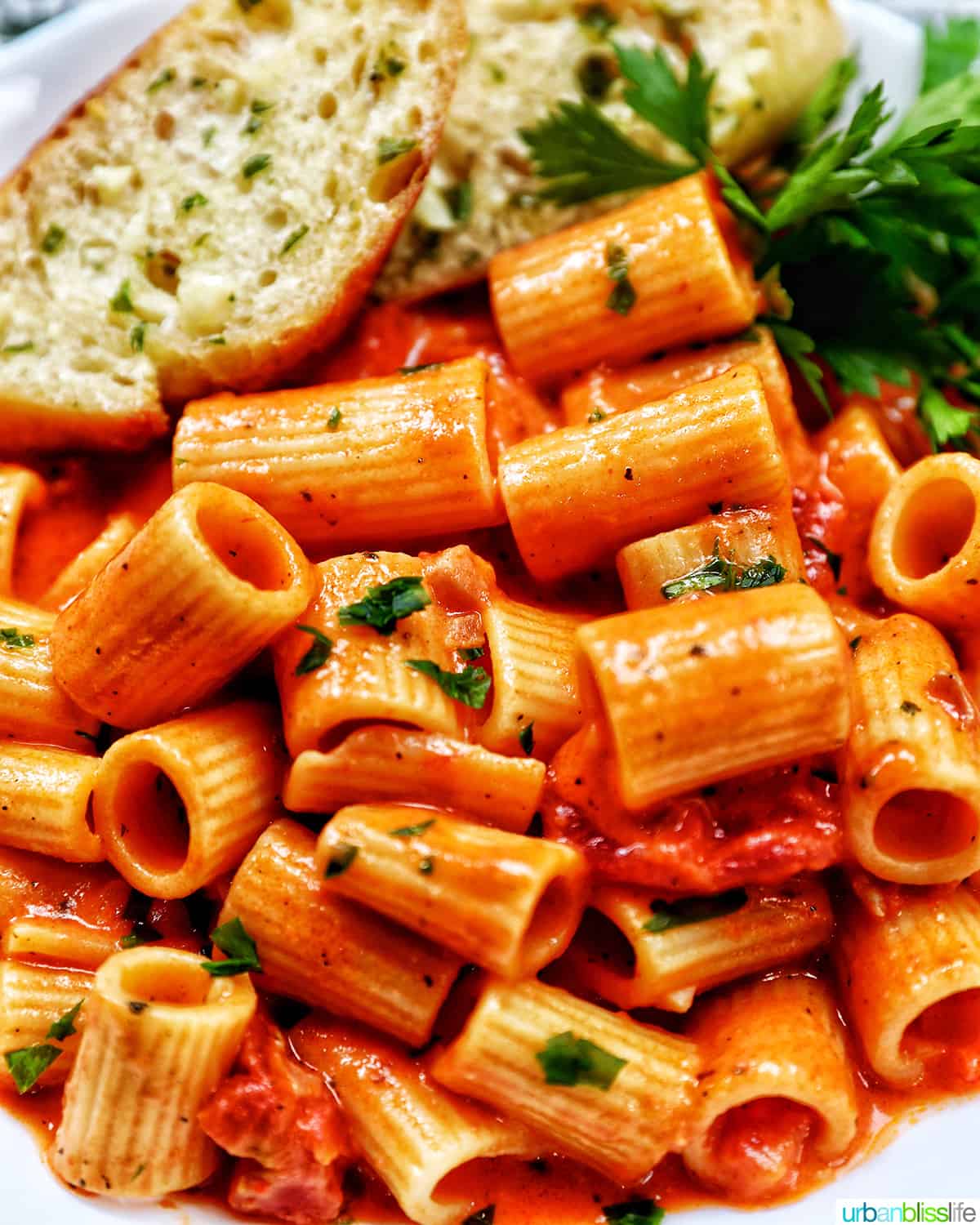 white bowl with rigatoni with vodka sauce and side of garlic bread and parsley.