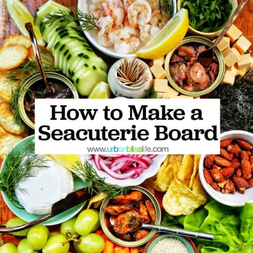 seafood board with tinned fish, fruits, vegetables, chips, crackers, and garnishes with title text "How to Make a Seacuterie Board."