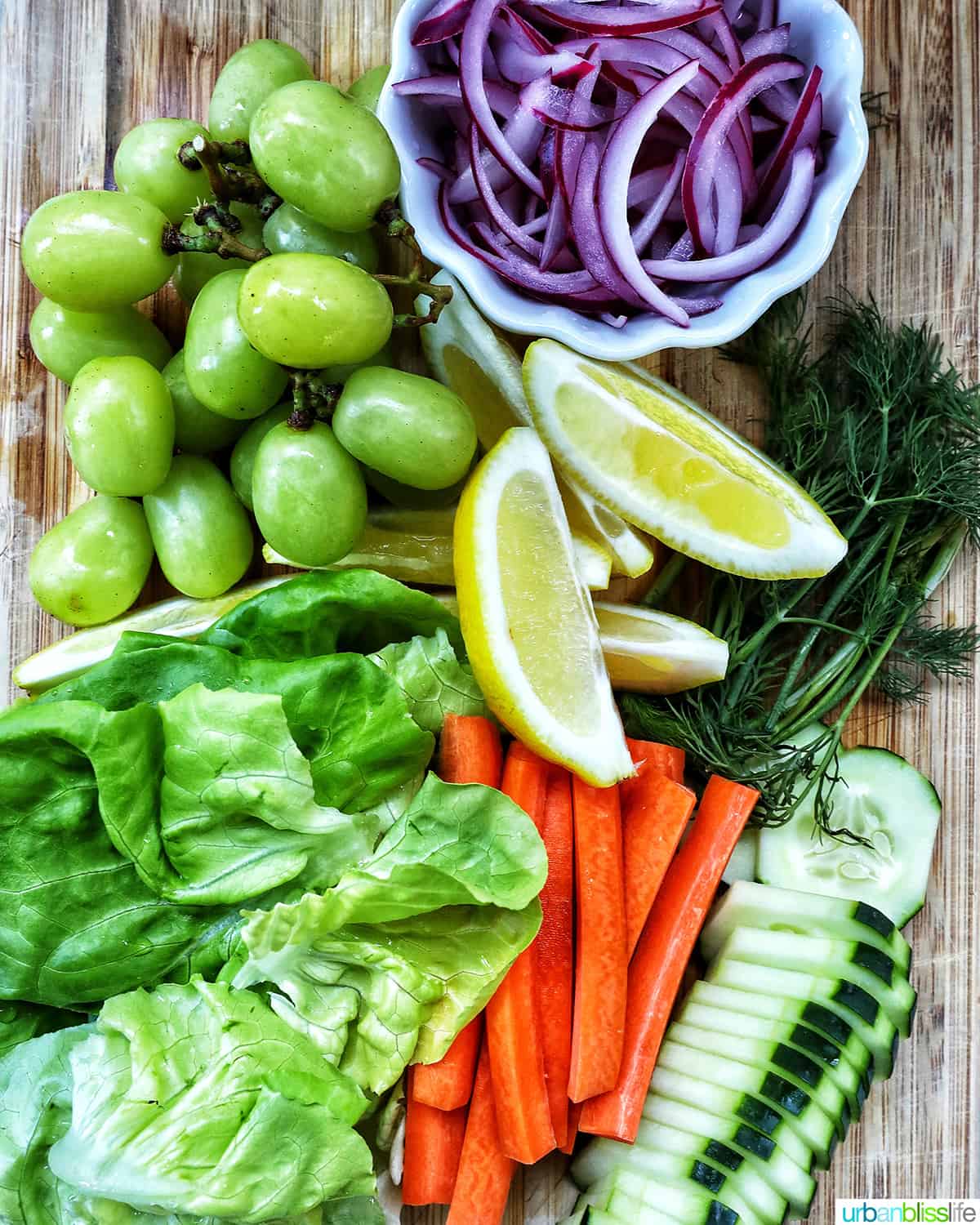 carrots, lettuce, grapes, onions, cucumbers.