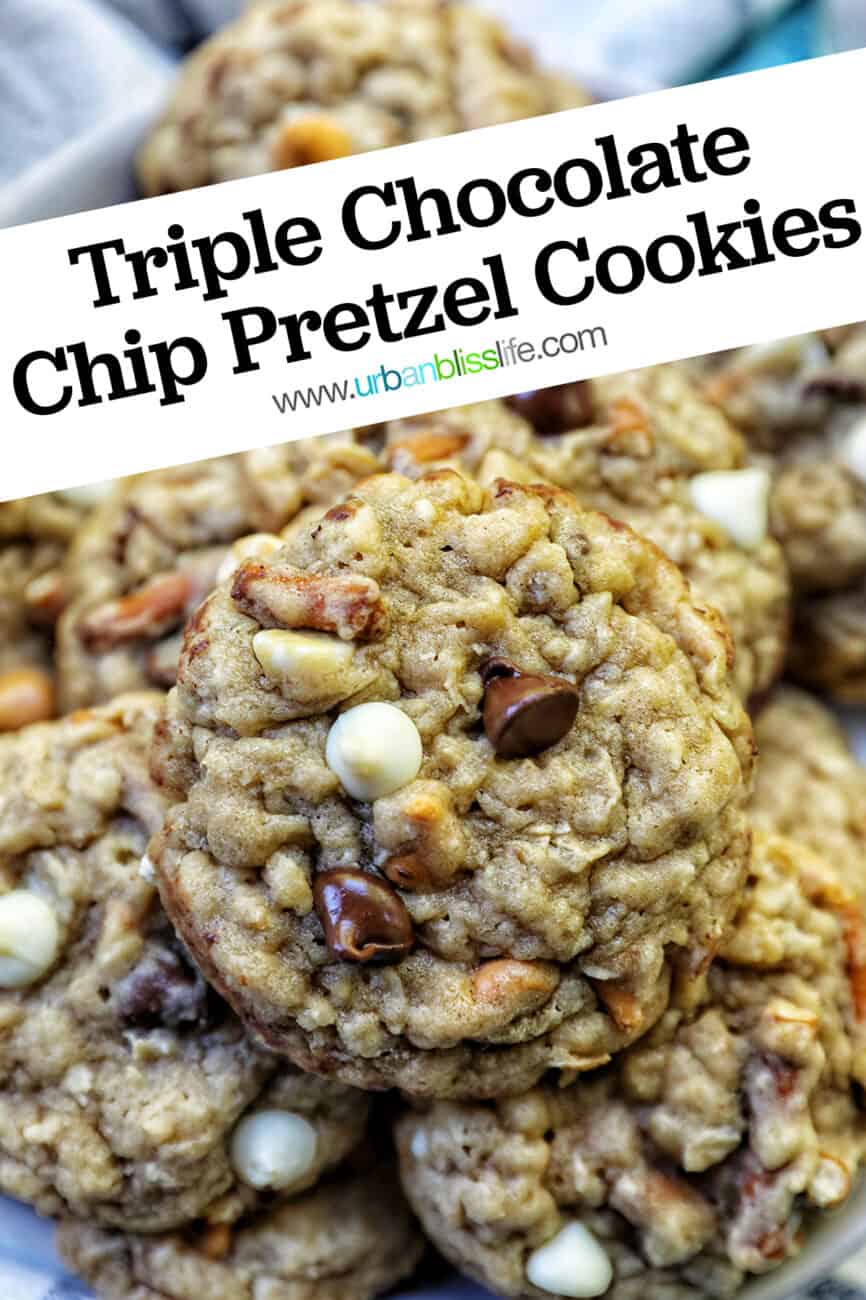 chocolate chip pretzel cookies stacked on a plate with title text.