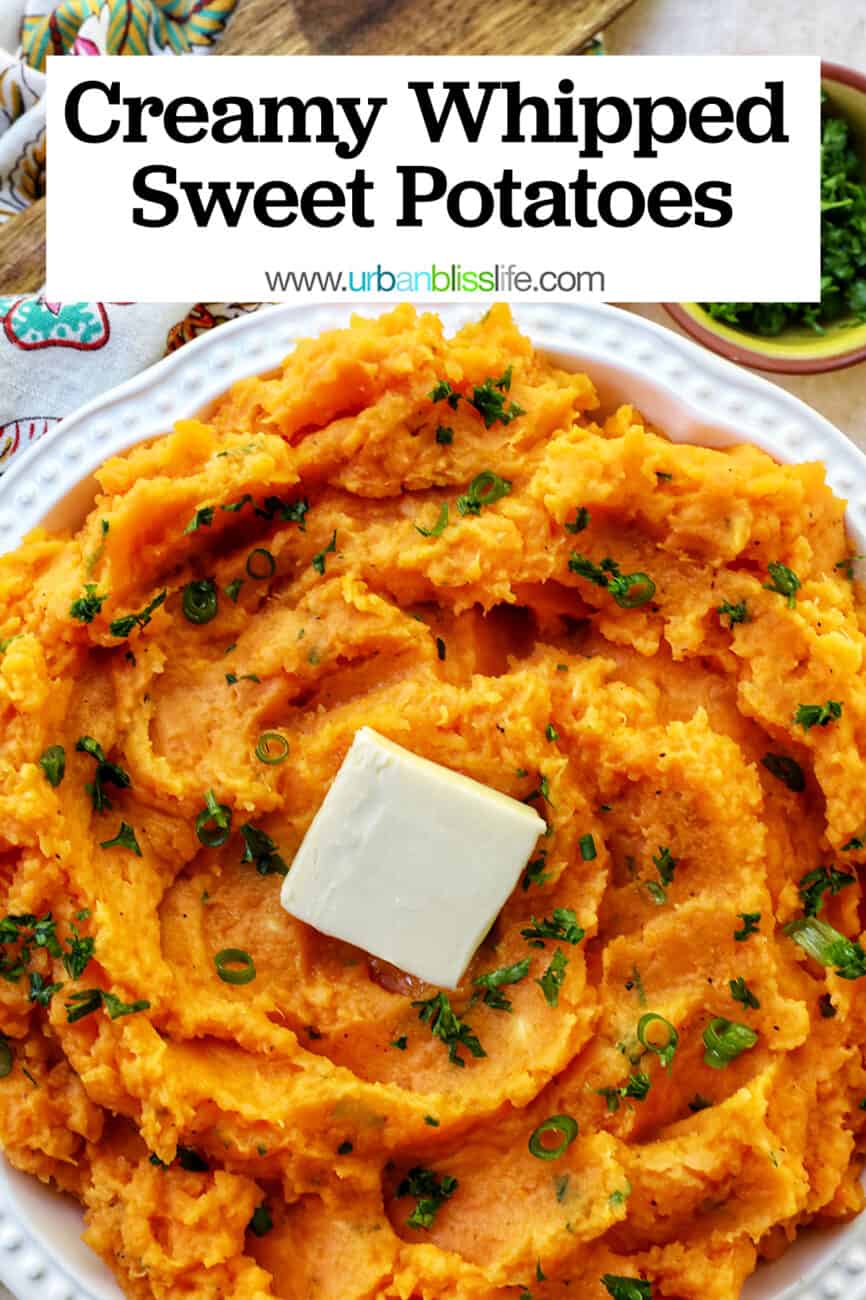 bowl of whipped sweet potatoes and a pat of butter with fresh herbs with title text.