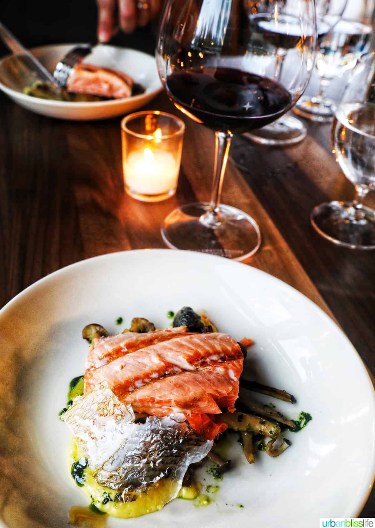 glass of pinot noir wine with plate of salmon.