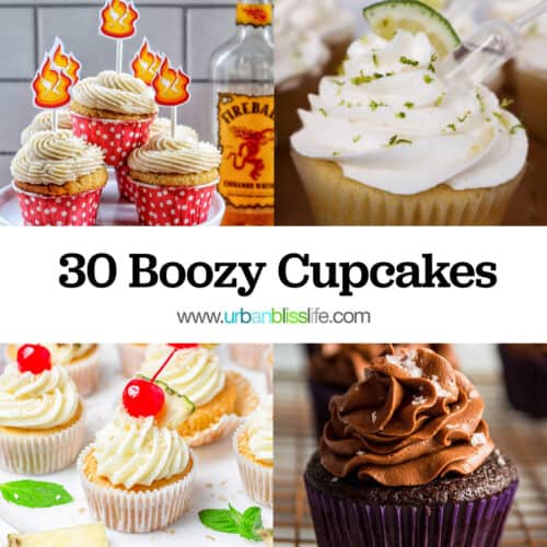 Fireball cupcakes, margarita cupcakes, pina colada cupcakes, and chocolate stout cupcakes with title text overlay.