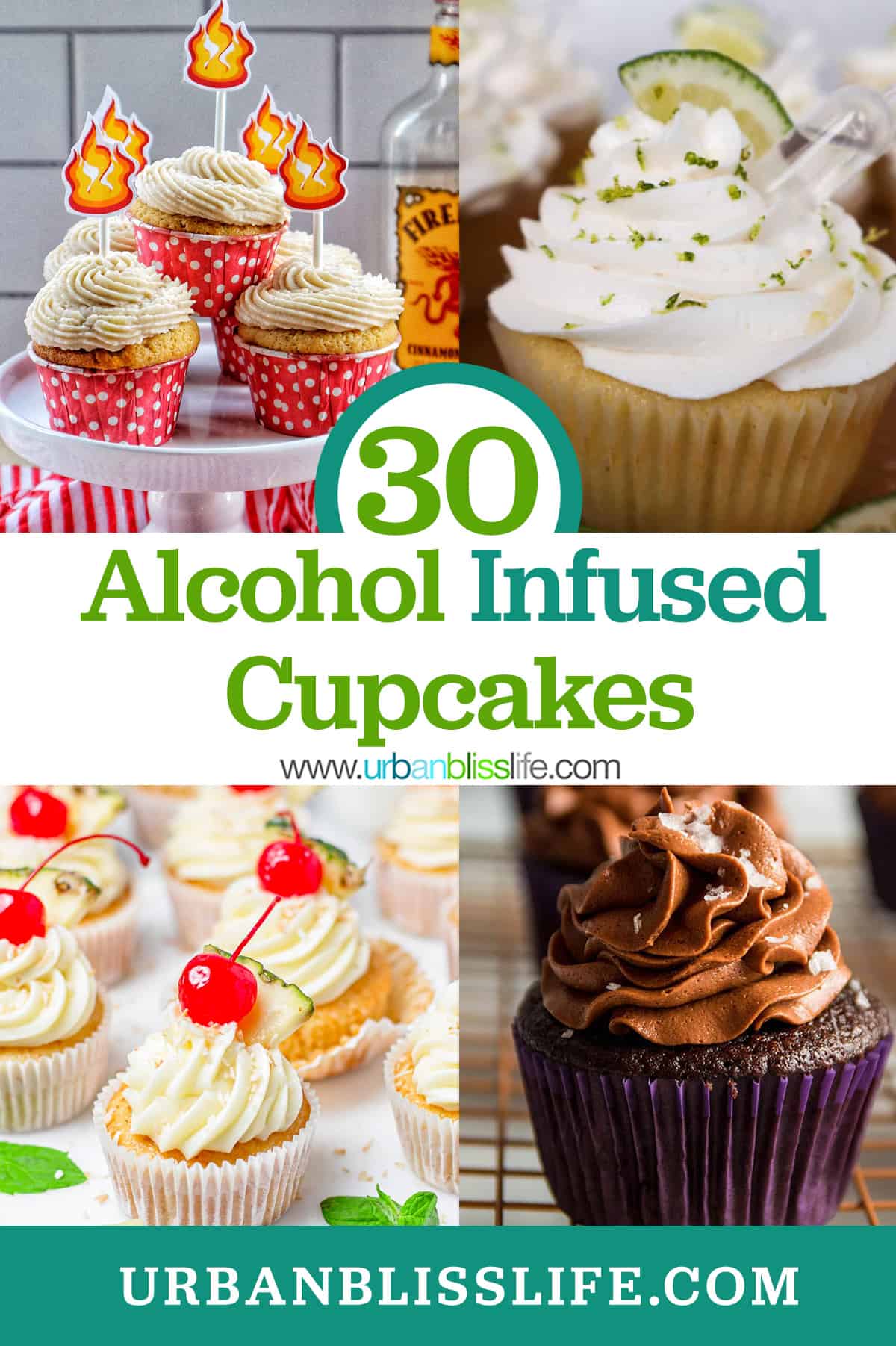 Fireball cupcakes, margarita cupcakes, pina colada cupcakes, and chocolate stout cupcakes with title text overlay.