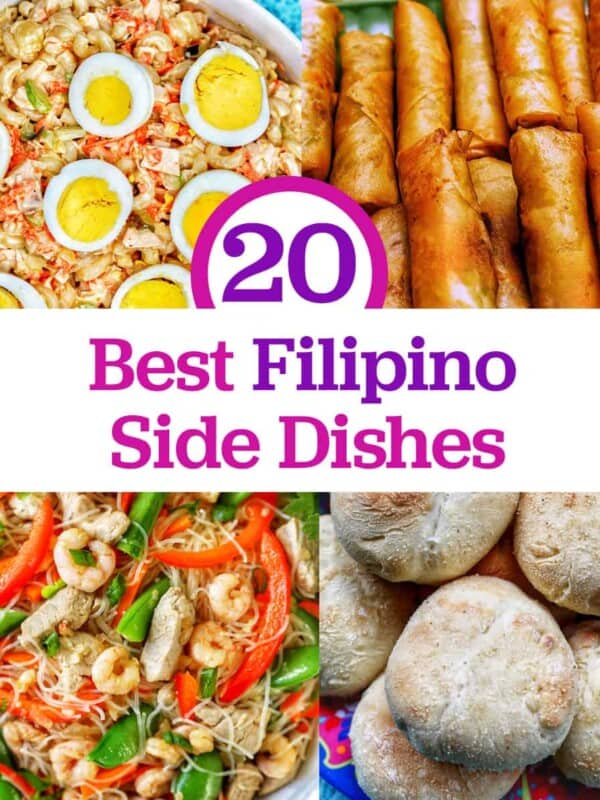 Filipino macaroni salad, lumpia, pancit bihon, and pan de sal with title text "20 Best Filipino Side Dishes."