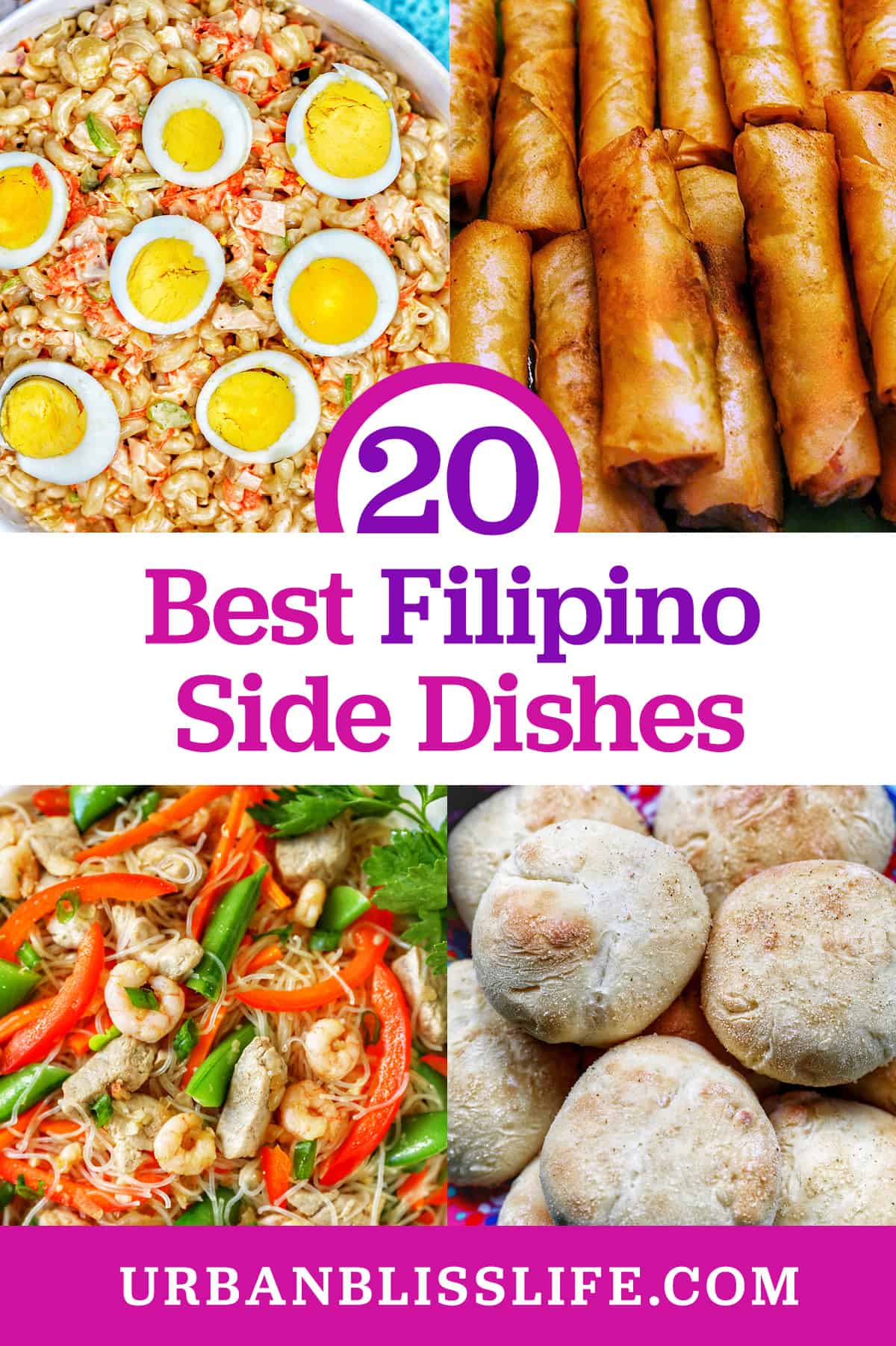 Filipino macaroni salad, lumpia, pancit bihon, and pan de sal with title text "20 Best Filipino Side Dishes."