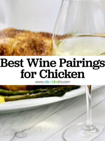 glass of white wine in front of a roast chicken, with title text that reads "Best Wine Pairings for Chicken."