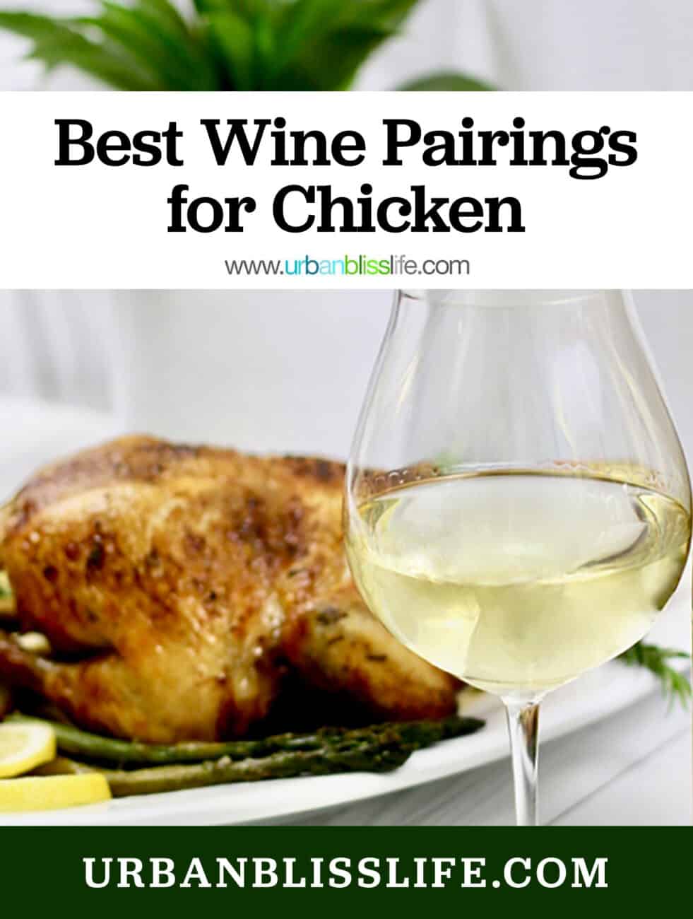 glass of white wine in front of a roast chicken, with title text that reads "Best Wine Pairings for Chicken."