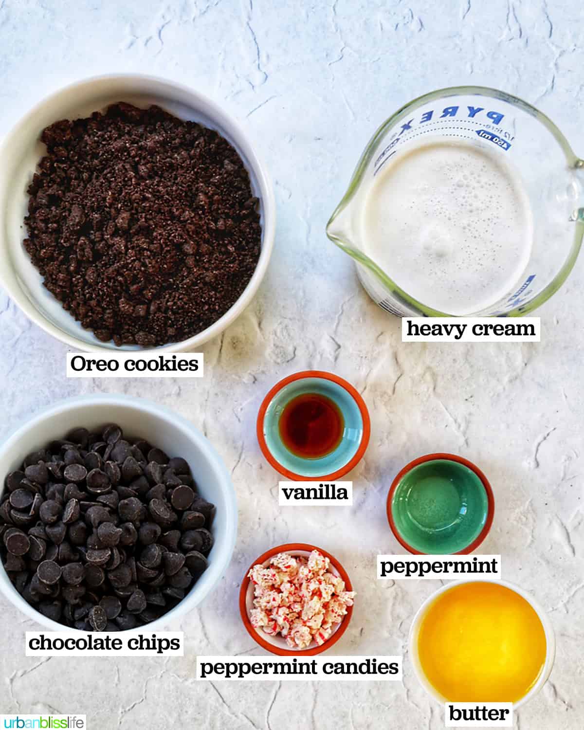 bowls of ingredients to make chocolate peppermint pie.
