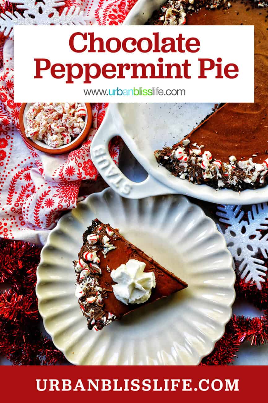 slice of Chocolate Peppermint Pie on a scalloped plate next to the full pie and a bowl of peppermint candies.