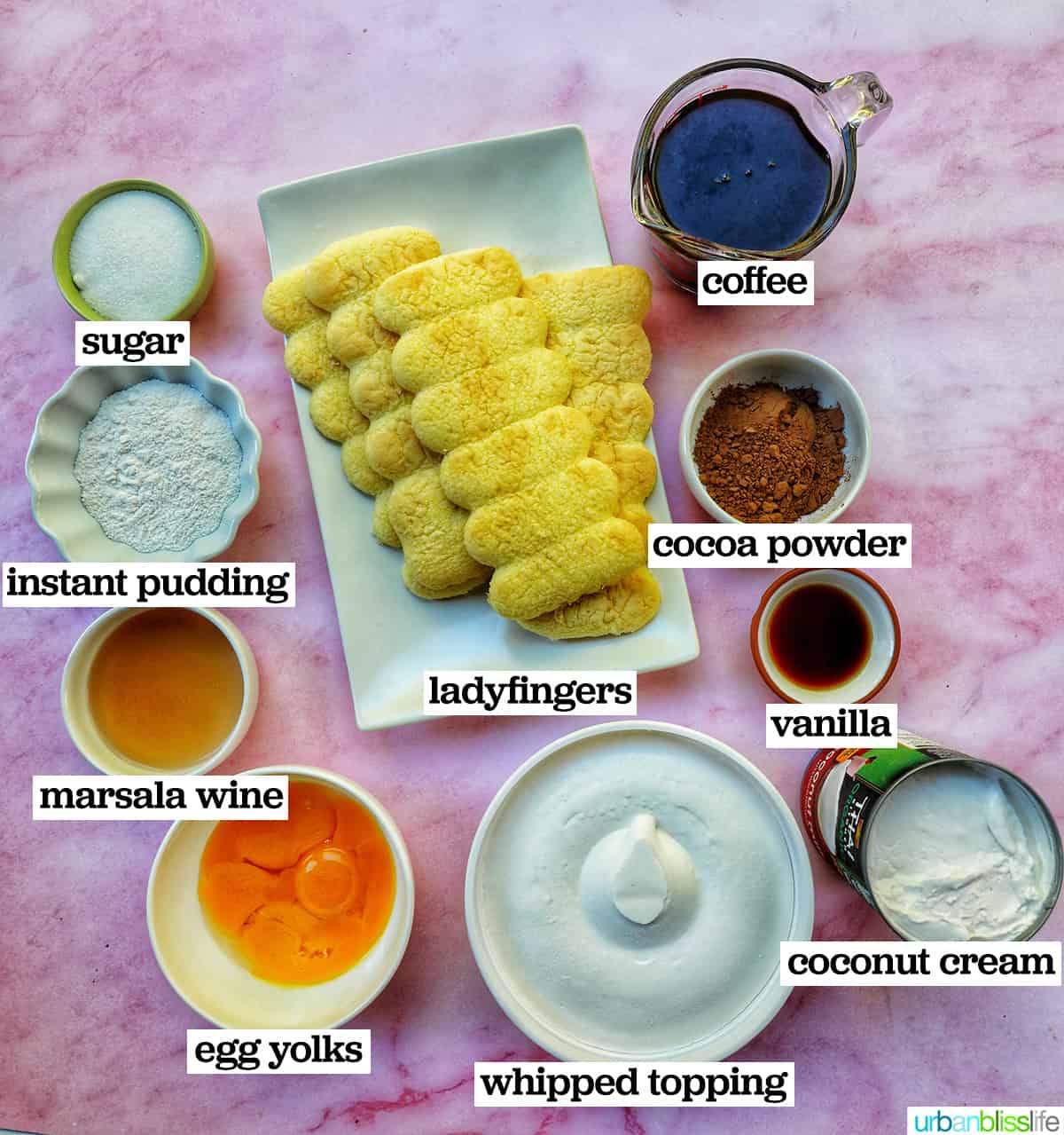 bowls of ingredients to make a dairy free tiramisu dessert.