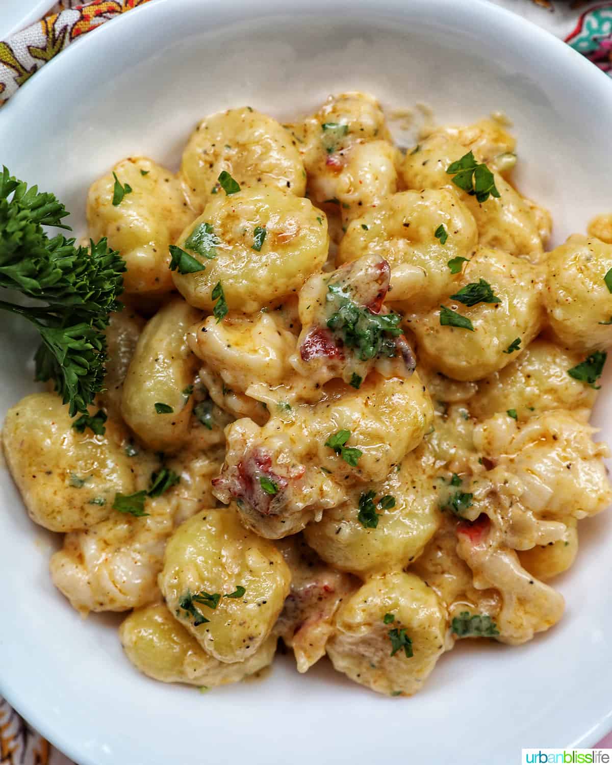 lobster gnocchi with herbs in a white bowl.