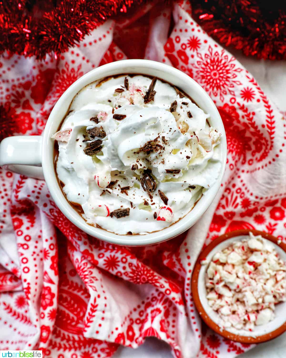 white mug with peppermint hot chocolate, whipped cream, surrounded by red and white Christmas decorations.