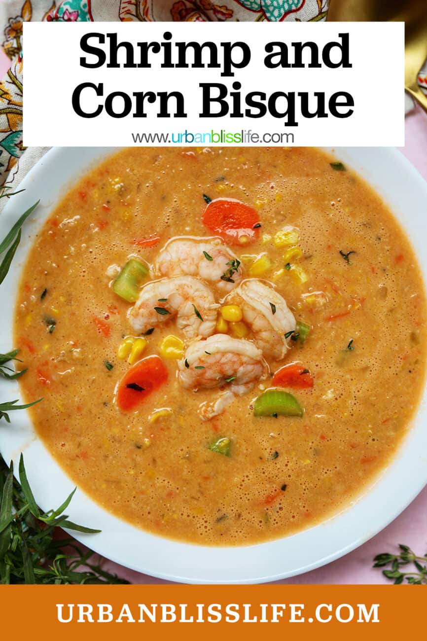 Shrimp and Corn Bisque with title text.