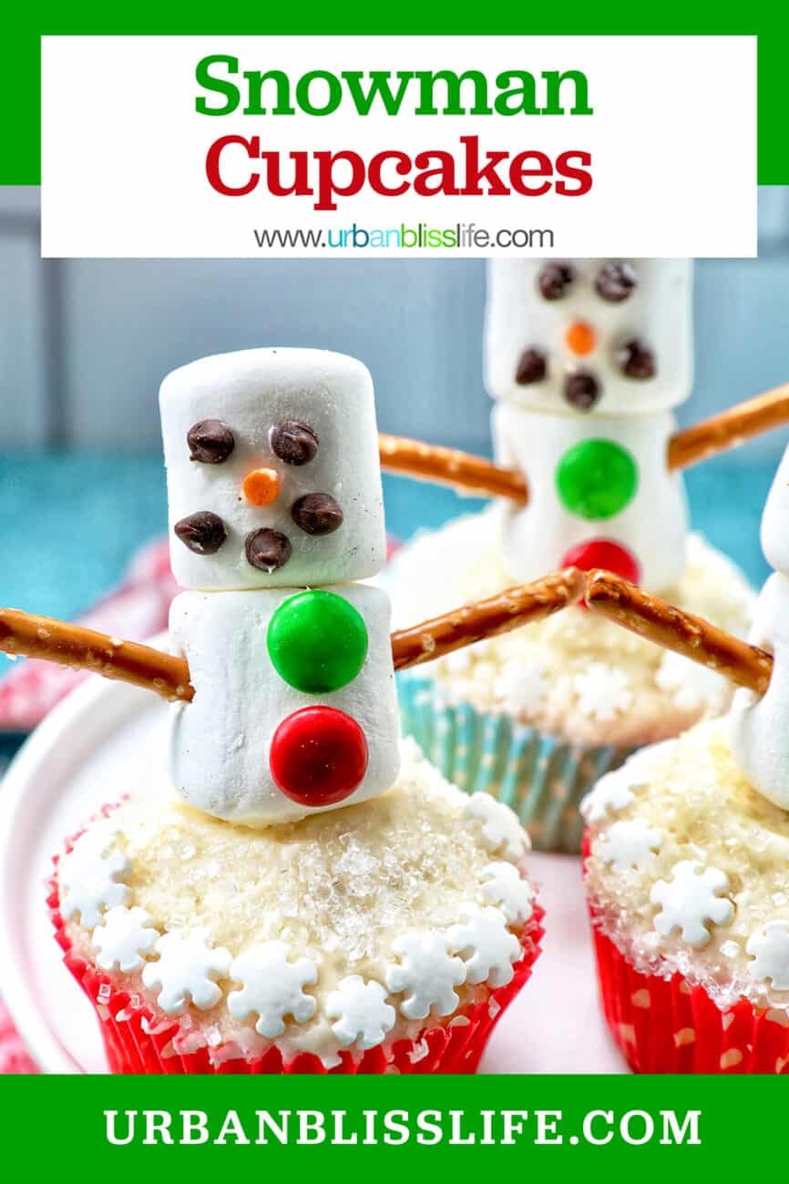 snowman cupcakes with marshmallows, pretzels, and sprinkles with title text that reads "Snowman Cupcakes."