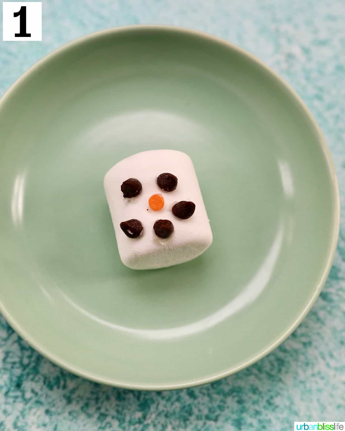 marshmallow with chocolate chips for eyes and mouth on a green plate.