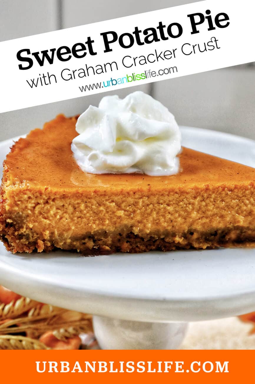slice of sweet potato pie with whipped cream on a white plate with title text.
