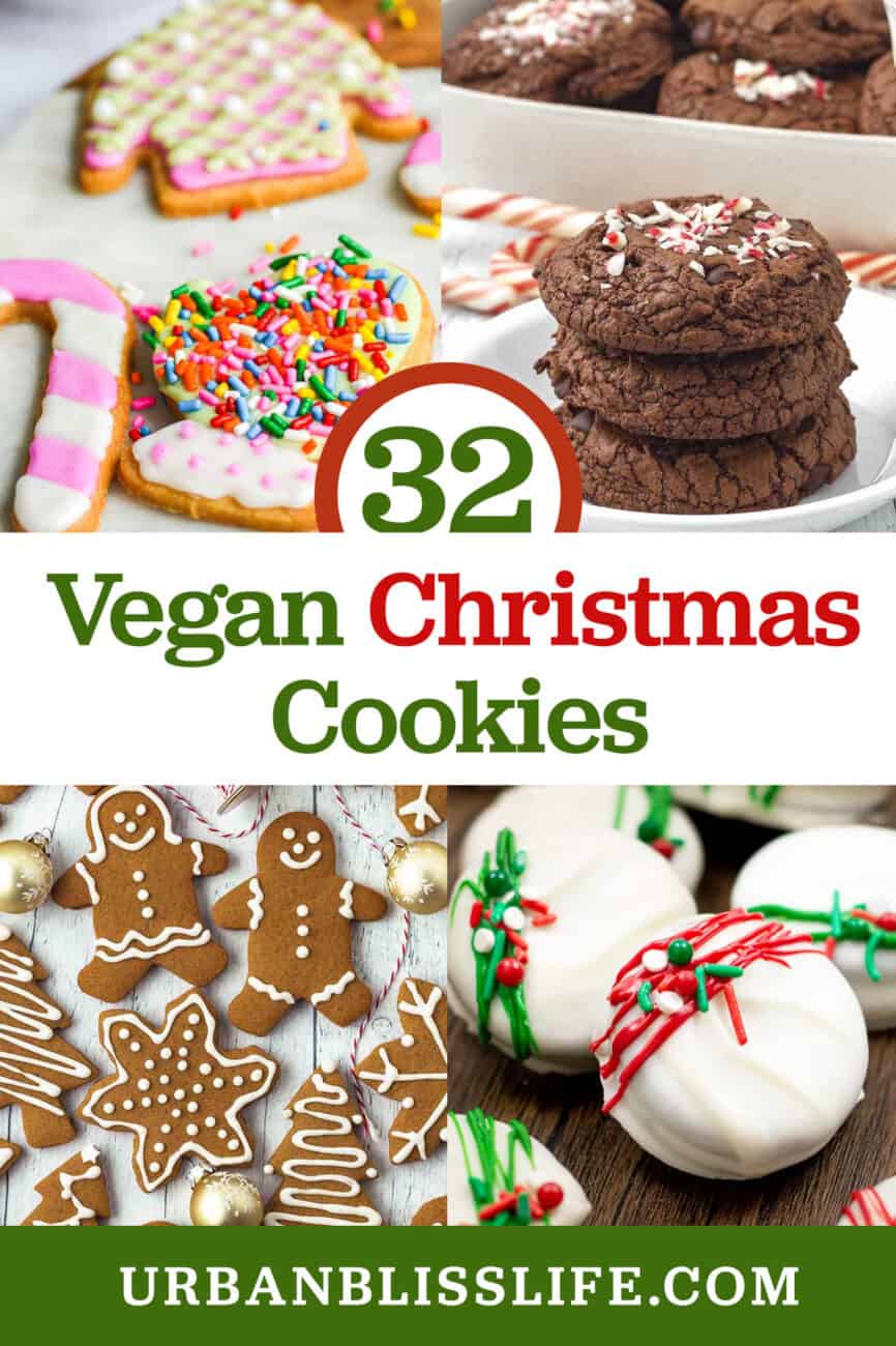 several different kinds of Christmas cookies with title text that reads "32 Vegan Christmas Cookies."