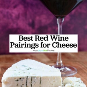 blue cheese wedge with glass of robust red wine behind it in front of a purple background, with title text overlay that reads "Best Red Wine Pairings for Cheese."