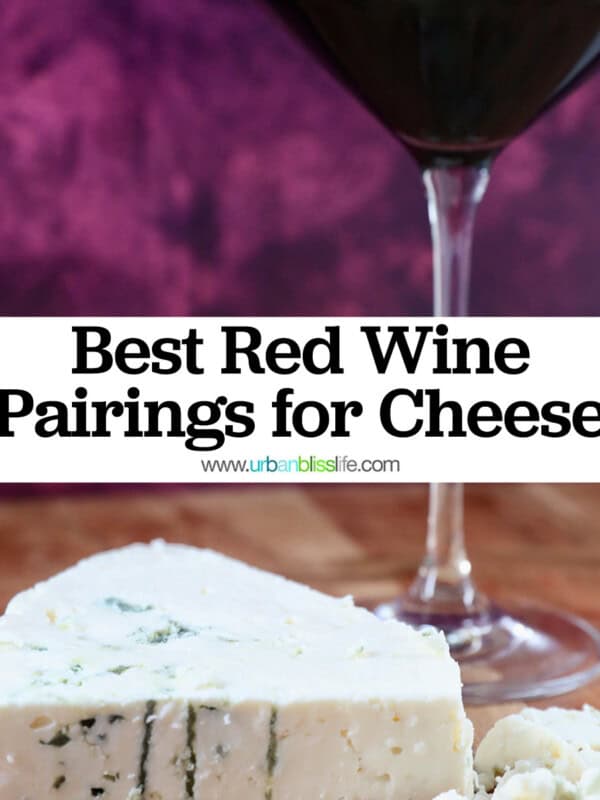 blue cheese wedge with glass of robust red wine behind it in front of a purple background, with title text overlay that reads "Best Red Wine Pairings for Cheese."