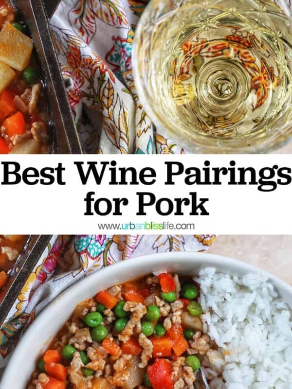 glass of white wine with bowls of ground pork menudo and rice, with title text overlay.